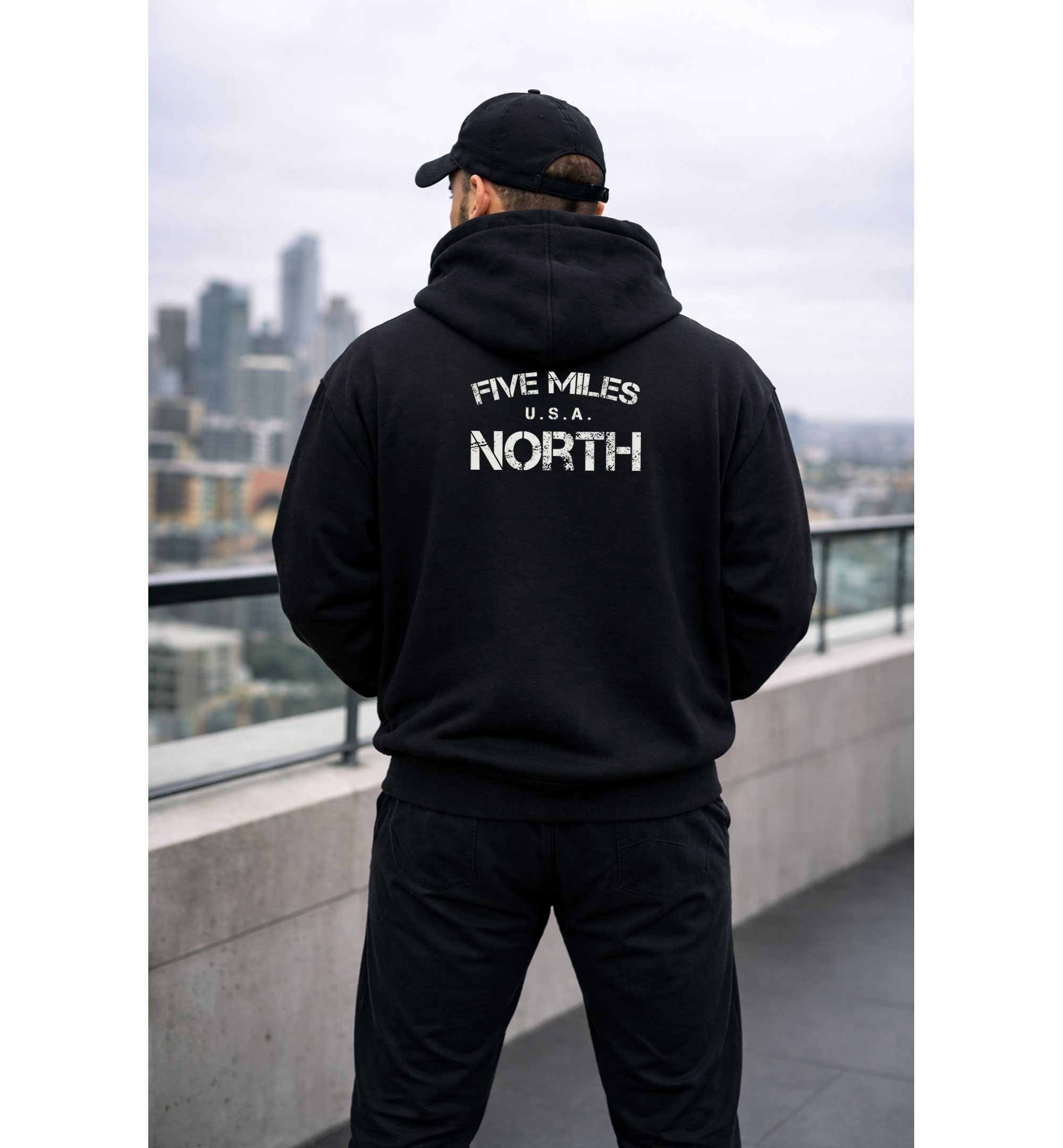Five Miles North Hoodie :: Embroidered Chest & Signature White Graphic