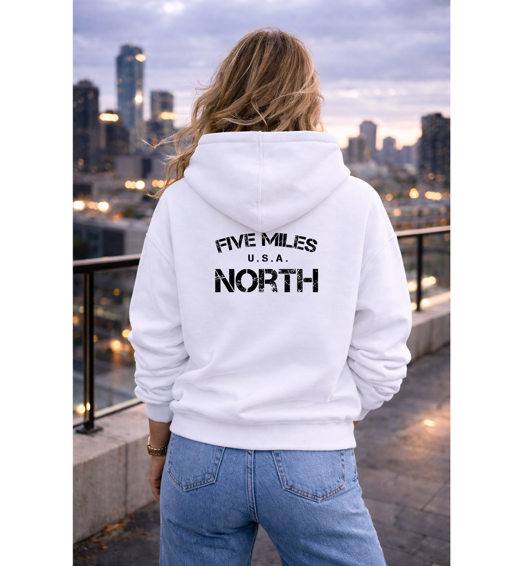 Five Miles North Hoodie :: Embroidered Chest & Signature Back Graphic