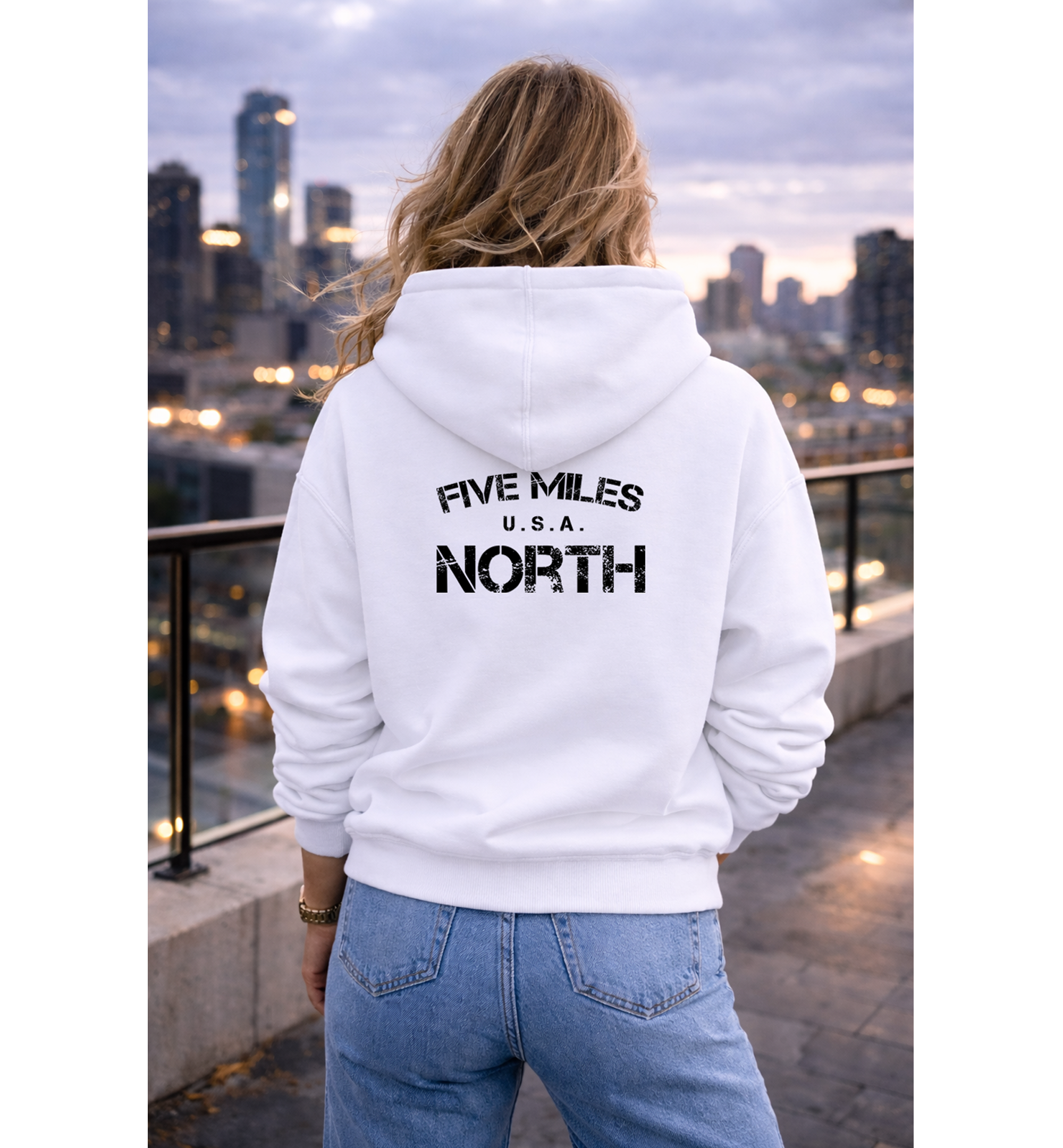 Five Miles North Hoodie :: Embroidered Chest & Signature Back Graphic