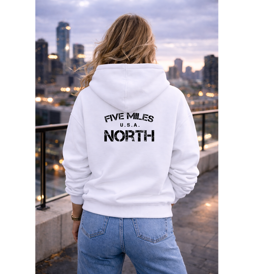 Five Miles North Hoodie :: Embroidered Chest & Signature Back Graphic