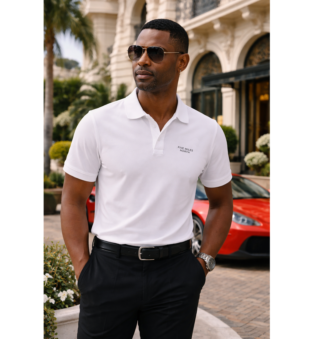 Five Miles North Classic White Polo :: With Front & Back Embroided Logo