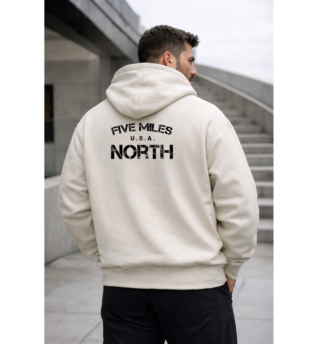 Five Miles North Hoodie :: Embroidered Chest & Signature Back Graphic