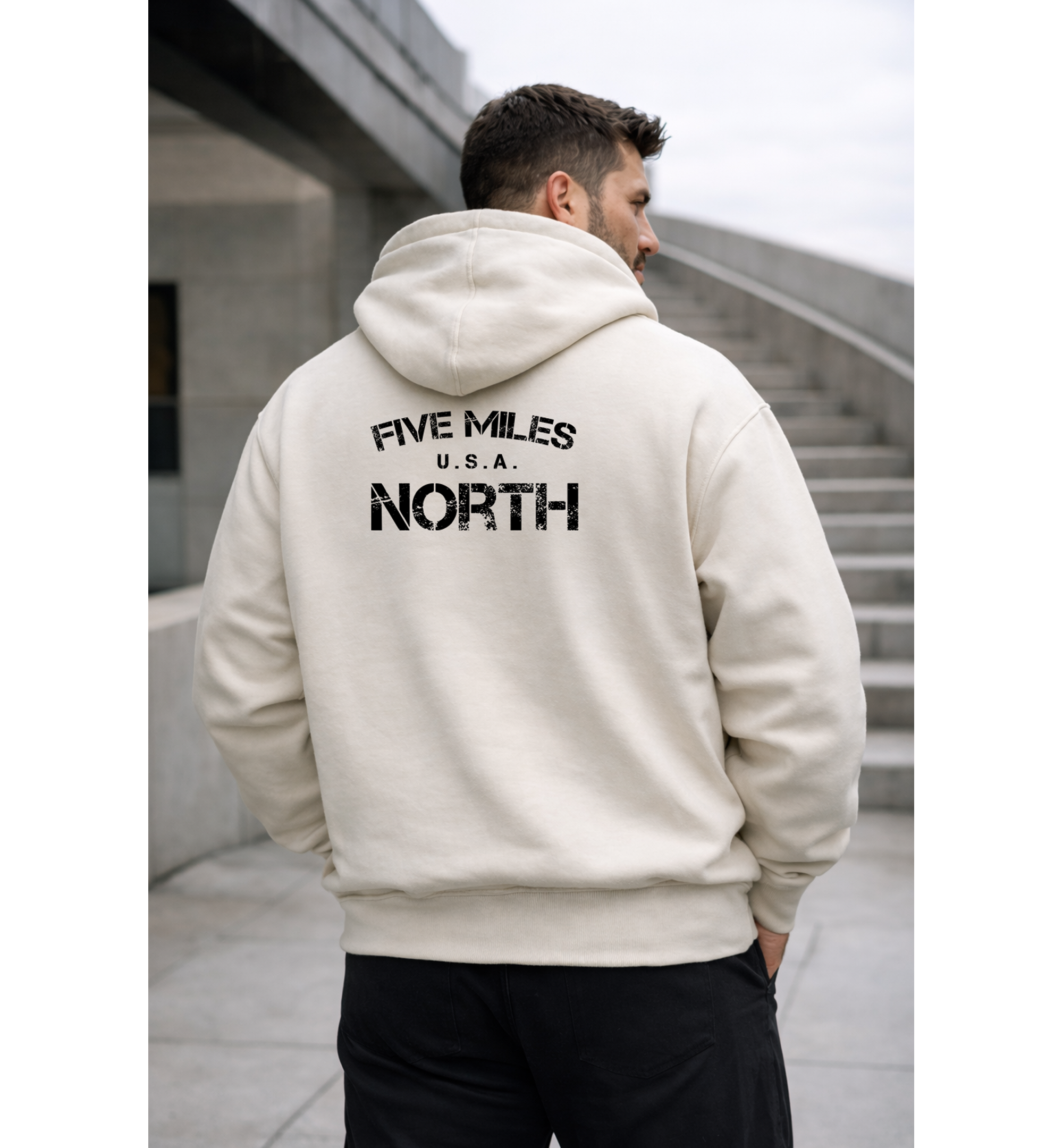 Five Miles North Hoodie :: Embroidered Chest & Signature Back Graphic