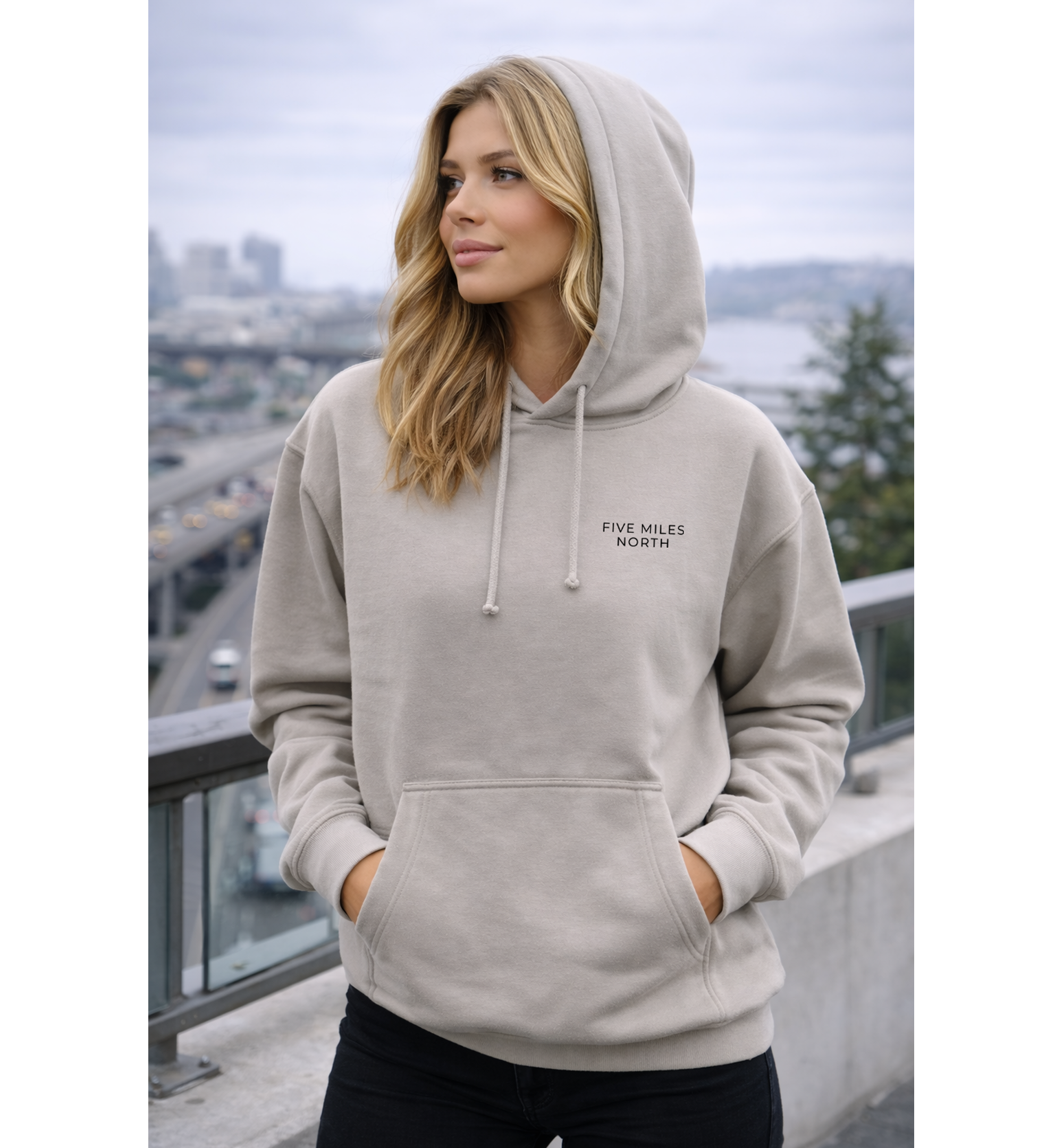 Five Miles North Hoodie :: Embroidered Chest & Signature Back Graphic
