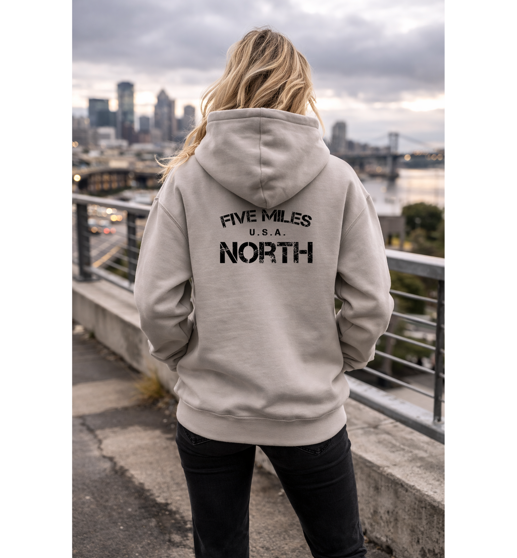 Five Miles North Hoodie :: Embroidered Chest & Signature Back Graphic