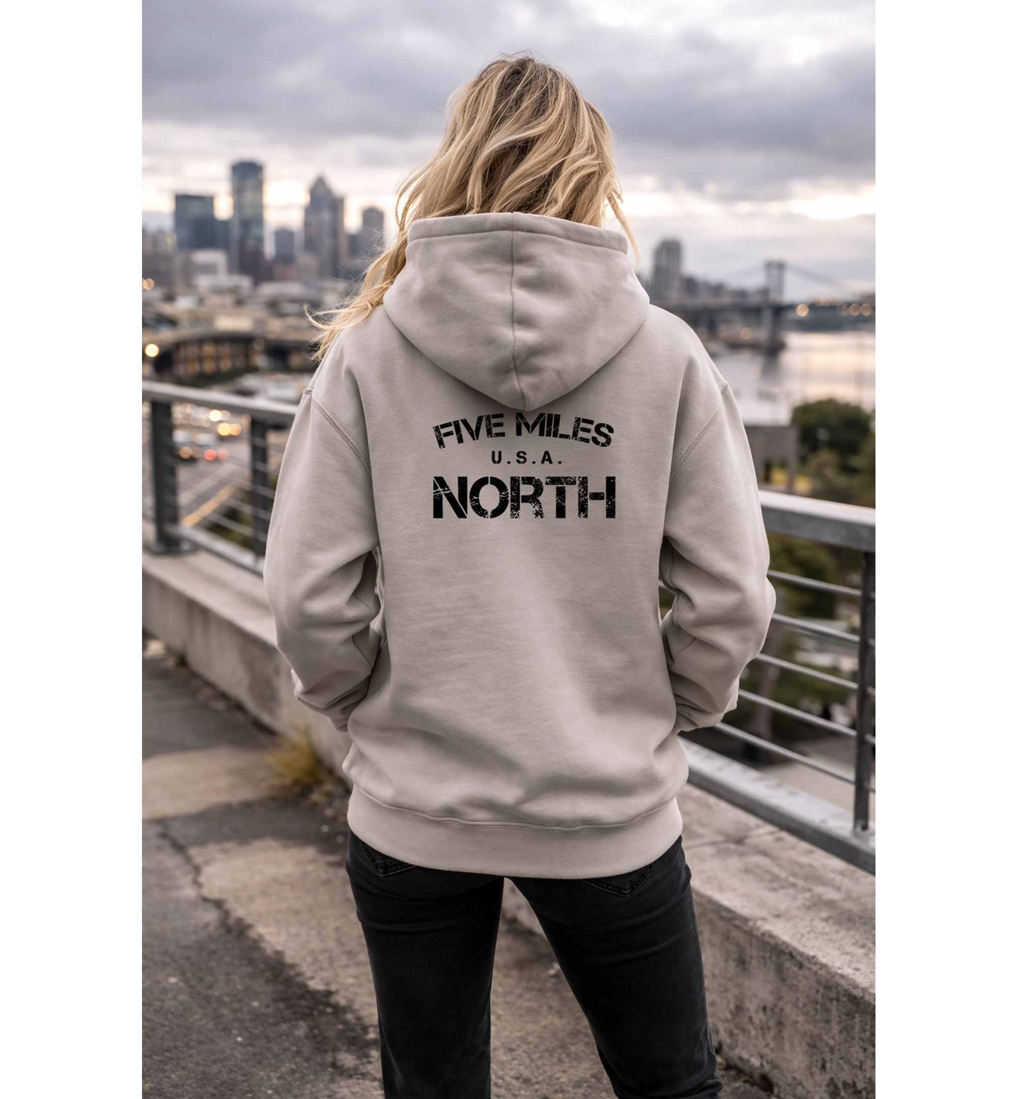 Five Miles North Hoodie :: Embroidered Chest & Signature Back Graphic